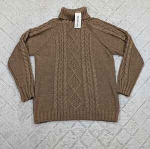 WoolOvers Sweater Womens L Beige Desert Taupe Wool Aran Cable Polo Neck NEW